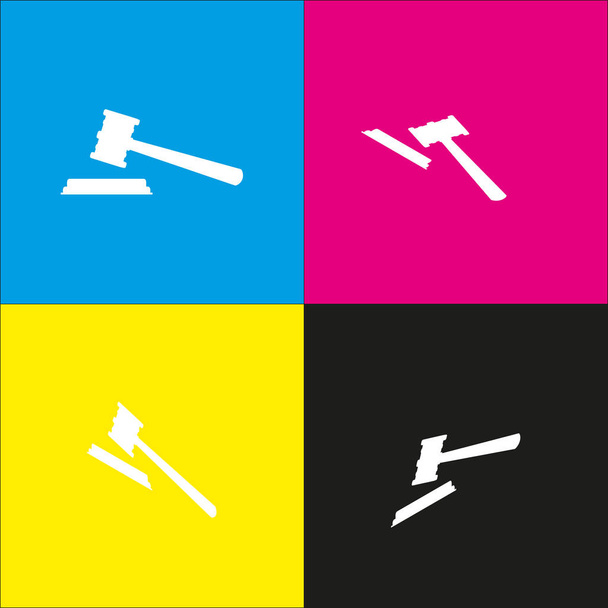 Justice hammer sign. Vector. White icon with isometric projections on cyan, magenta, yellow and black backgrounds. - Vector, Image