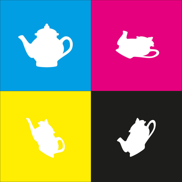 Tea maker sign. Vector. White icon with isometric projections on cyan, magenta, yellow and black backgrounds. - Vector, Image