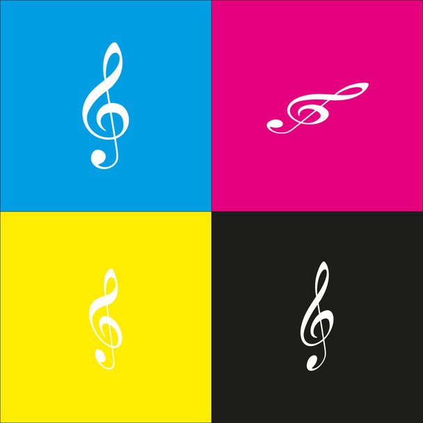 Music violin clef sign. G-clef. Treble clef. Vector. White icon with isometric projections on cyan, magenta, yellow and black backgrounds. - Vector, Image
