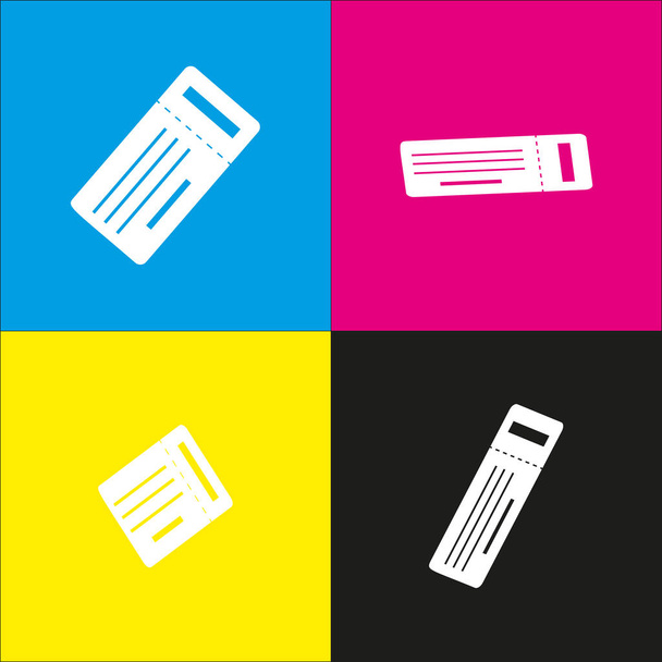 Ticket simple sign. Vector. White icon with isometric projections on cyan, magenta, yellow and black backgrounds. - Vector, Image