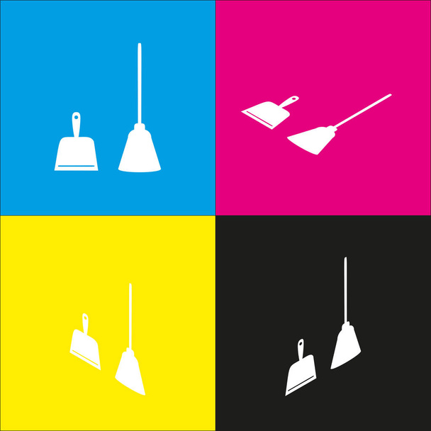 Dustpan vector sign. Scoop for cleaning garbage housework dustpan equipment. Vector. White icon with isometric projections on cyan, magenta, yellow and black backgrounds. - Vector, Image