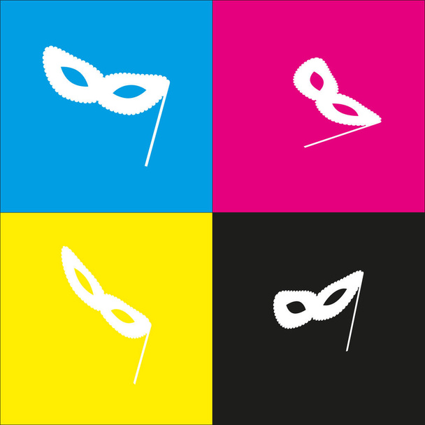 Знак традиционной венецианской карнавальной декоративной маски. Вектор. Белый значок с изометрическими проекциями на голубом, пурпурном, желтом и черном фоне
. - Вектор,изображение