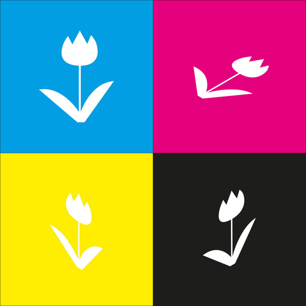 Tulip sign. Vector. White icon with isometric projections on cyan, magenta, yellow and black backgrounds. - Vector, Image