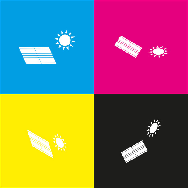 Solar energy panel. Eco trend concept sign. Vector. White icon with isometric projections on cyan, magenta, yellow and black backgrounds. - Vector, Image