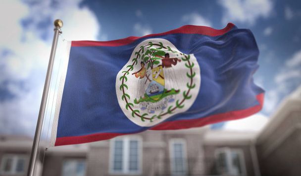 Flaga Belize renderowania 3d na tle budynku Sky Blue  - Zdjęcie, obraz