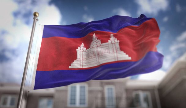 Kambodscha Flagge 3D-Rendering auf blauem Himmel Gebäude Hintergrund  - Foto, Bild