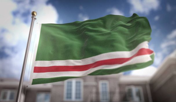 Čečenská republika Ičkerie vlajka 3d vykreslování na modré obloze Buil - Fotografie, Obrázek