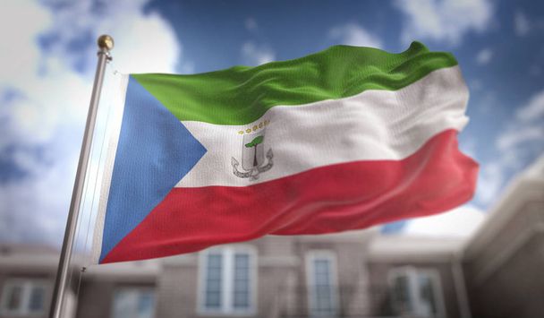 Äquatorialguinea-Flagge 3D-Rendering auf blauem Himmel Gebäude backgro - Foto, Bild