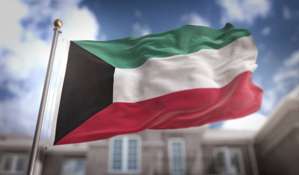クウェートの旗青い空ビルの背景に 3 d レンダリング  - 写真・画像