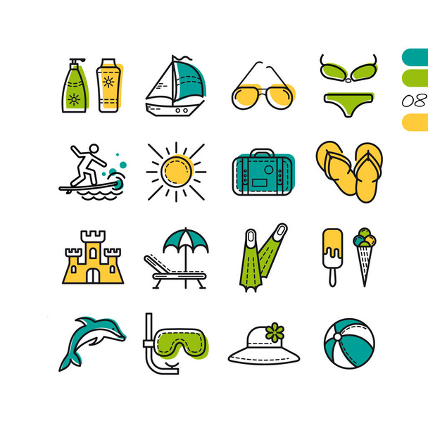 Set summer holiday linear colored icons - Vector, Image