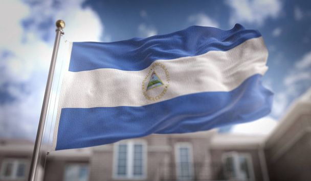 ニカラグアの旗青い空ビルの背景に 3 d レンダリング  - 写真・画像