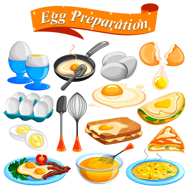 Διάφορα νόστιμα πιάτα τροφίμων προετοιμασία αυγού - Διάνυσμα, εικόνα