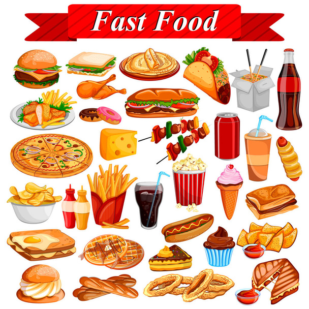 Delicious tasty Fast Food and drink item - Vector, Image