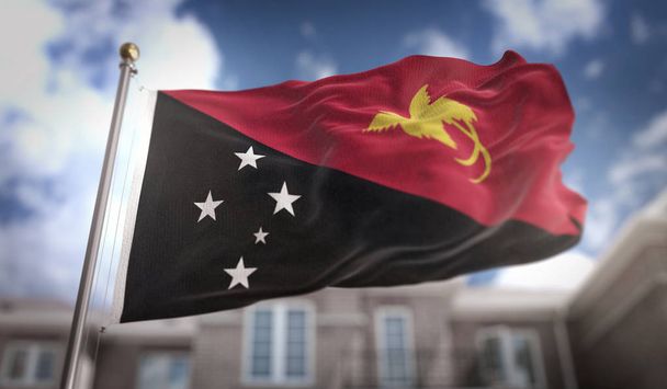 パプア ニューギニアの旗青い空ビルれたら上で 3 d のレンダリング - 写真・画像