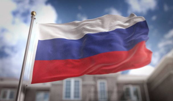 ロシアの旗青い空ビルの背景に 3 d レンダリング  - 写真・画像