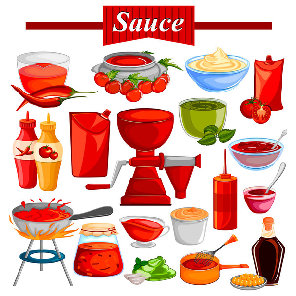Składnik żywności i przyprawy Chilli i Tomato Ketchup lub sos - Wektor, obraz