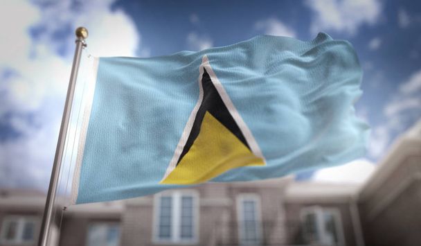 Saint Lucia Flagge 3D-Rendering auf blauem Himmel Gebäude Hintergrund  - Foto, Bild