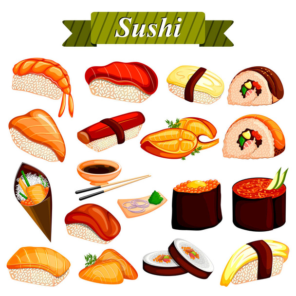 Full collection of different variety of Sushi roll from Japanese cuisine - Vector, Image
