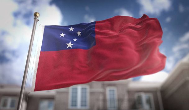 Flaga Samoa renderowania 3d na tle budynku Sky Blue  - Zdjęcie, obraz