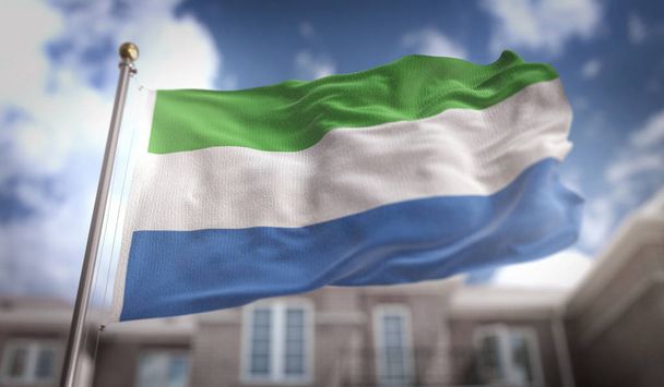 Sierra Leon Flagge 3D-Rendering auf blauem Himmel Gebäude Hintergrund  - Foto, Bild