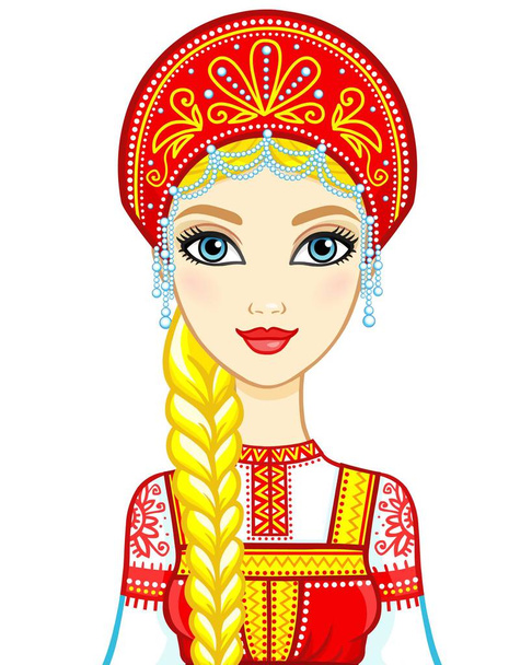 Animation portrait of the Russian girl in ancient clothes.  Vector illustration isolated on a white background. - Vetor, Imagem