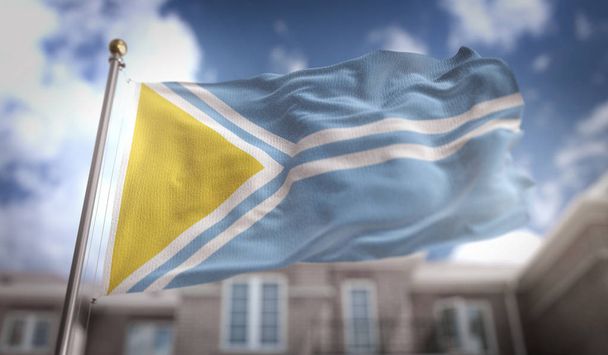 Тувинська прапор 3d рендеринга на фоні синього неба будівлі  - Фото, зображення