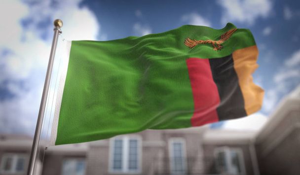 Zambia Flag 3D Rendering on Blue Sky Building Background  - Photo, Image