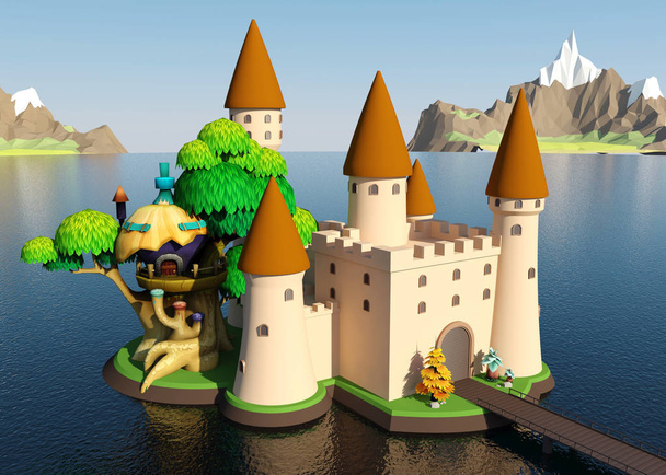 Cartoon mittelalterliche Burg auf Insel mit schöner Landschaft, 3D-Darstellung - Foto, Bild
