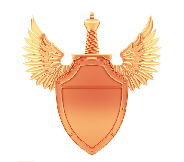 Escudo de metal de bronce con alas y espada
 - Foto, Imagen
