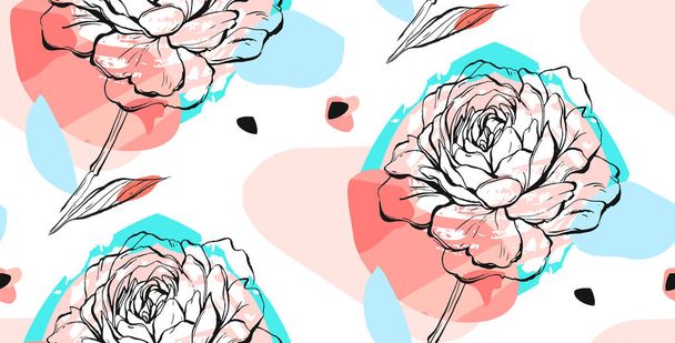 Hand getekend vector abstracte creatieve ongebruikelijke naadloze patroon met grafische peony bloem met pastel kleuren. Hand gemaakt tekening texturen. Bruiloft, verjaardag, verjaardag, uitnodigingen, mode stoffen, decoratie - Vector, afbeelding