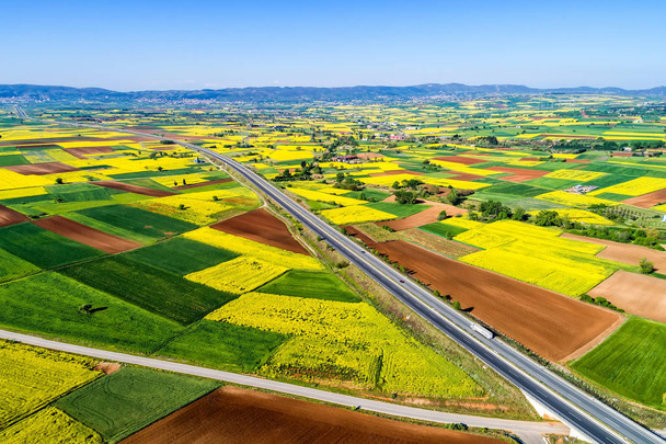 Aerial view of road passing through a rural landscape with bloom - Фото, изображение