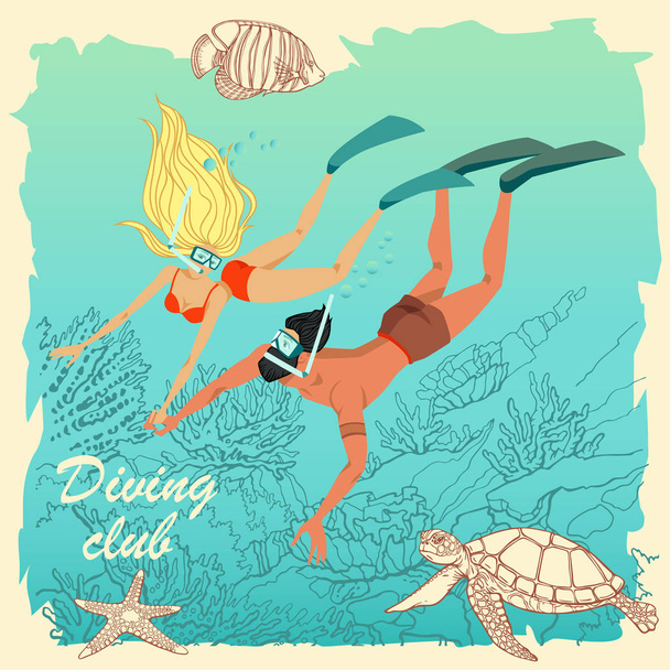 Illustration of couple of divers. Colorful characters in cartoon style - Vector, Image