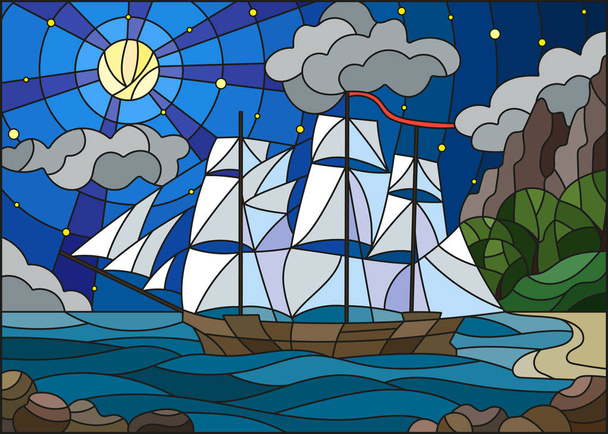 Εικονογράφηση στο λεκιασμένο γυαλί στυλ με ιστιοφόρα κατά τον έναστρο ουρανό, τη θάλασσα και το φεγγάρι - Διάνυσμα, εικόνα