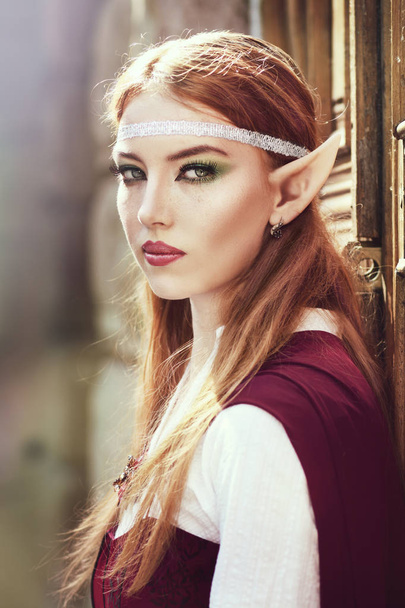 Elf girl in red cloak - Foto, Imagen