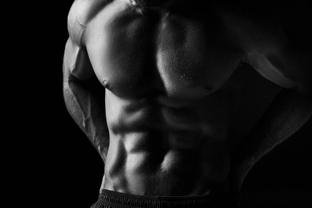 The torso of attractive male body builder on black background. - 写真・画像