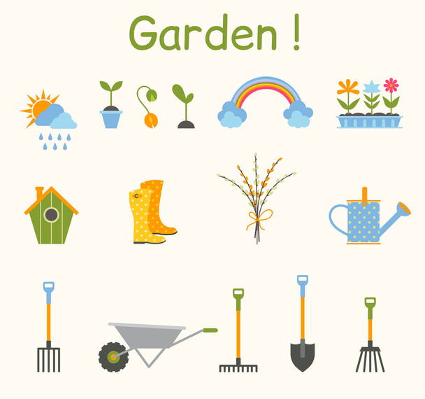 Set of various gardening items. Garden tools. - Vector, Image