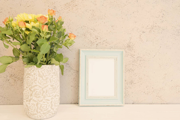 Blue Frame Mock Up, Digital MockUp, Display Mockup, Sea Styled Stock Photography Mockup, Colorful Desktop Mock Up. Rustic vase with orange roses and yellow chrysanthemums. White background, empty plac - Фото, зображення