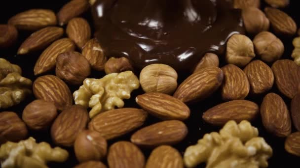 Gesmolten chocolade giet op noten. Slow motion - Video