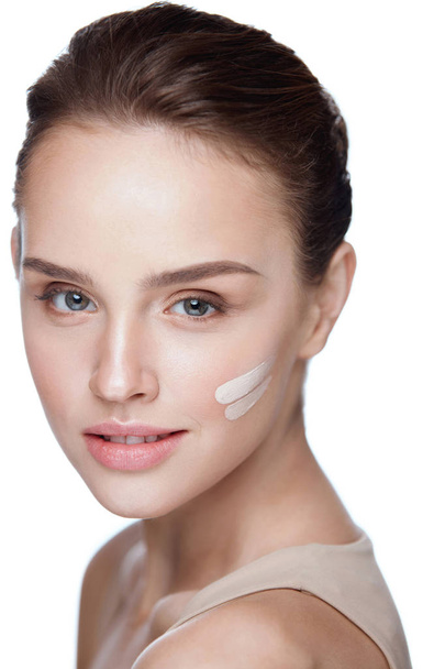 Skin Care. Sexy Girl With Foundation Or Cosmetic Cream On Face - 写真・画像