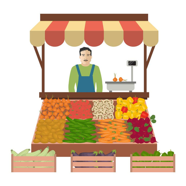 Vendedor de produtos hortícolas no mercado
 - Vetor, Imagem