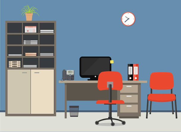 İşyeri ofis çalışanı. Ortada bir masaüstü, bir dava için belgeler, bir sandalye, bir bilgisayar, bir telefon ve diğer nesneler resimdeki kırmızı renklerde - Vektör, Görsel