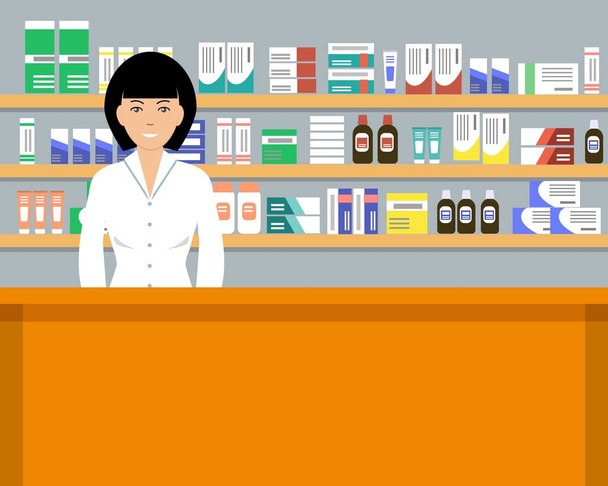 Bannery farmaceuty. Młoda kobieta w pracy w aptece: stojąc przed półkami z lekami - Wektor, obraz