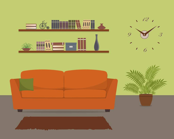 Soggiorno verde con divano arancione e grande orologio a parete
 - Vettoriali, immagini
