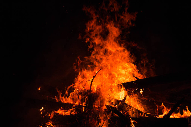 Bonfire burning trees at night. Bonfire burning brightly, heat, light,camping, big bonfire. close up - Photo, Image