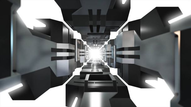 3D çizim fütüristik tasarım uzay gemisi iç sonsuz koridor - Fotoğraf, Görsel