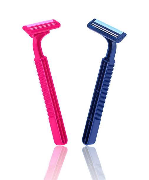 Pink lady shaver and blue shaver for men isolated on white backg - Φωτογραφία, εικόνα