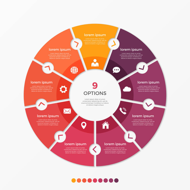 Circle chart infographic template with 9 options - Vektör, Görsel