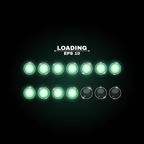 Loading. Realistic round lamps are green. Neon flashlights glow in the dark. Beautiful glow. Realistic vector illustration for web. Metal structure of the bulb. New technologies - Vektör, Görsel