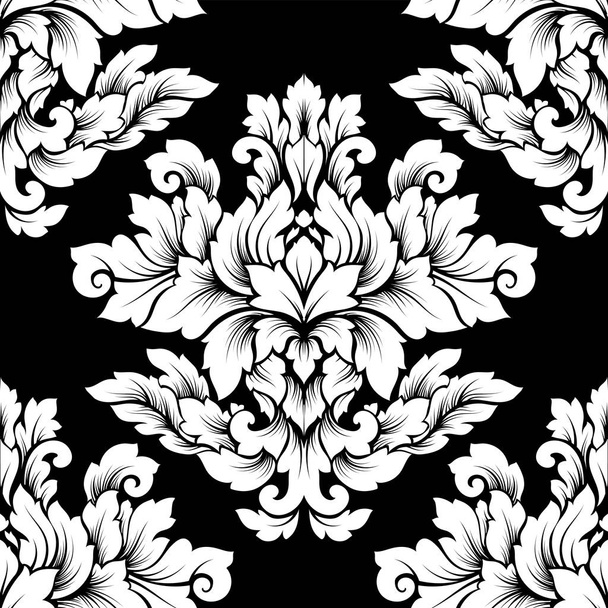 シームレスなダマスク複雑なデザイン。高級ロイヤル装飾、繊維、壁紙のためビクトリア朝テクスチャ ラッピングします。黒と白のモノクロ色で絶妙な花バロック レース繁栄 - ベクター画像