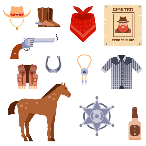 Elementos del oeste salvaje establecen iconos equipo de rodeo vaquero y diferentes accesorios vector ilustración
. - Vector, Imagen